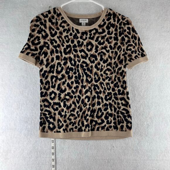 J.Crew Short Sleeve Leopard Cheetah Print Knit Sweater Women's XS 100% Cotton - Picture 1 of 9